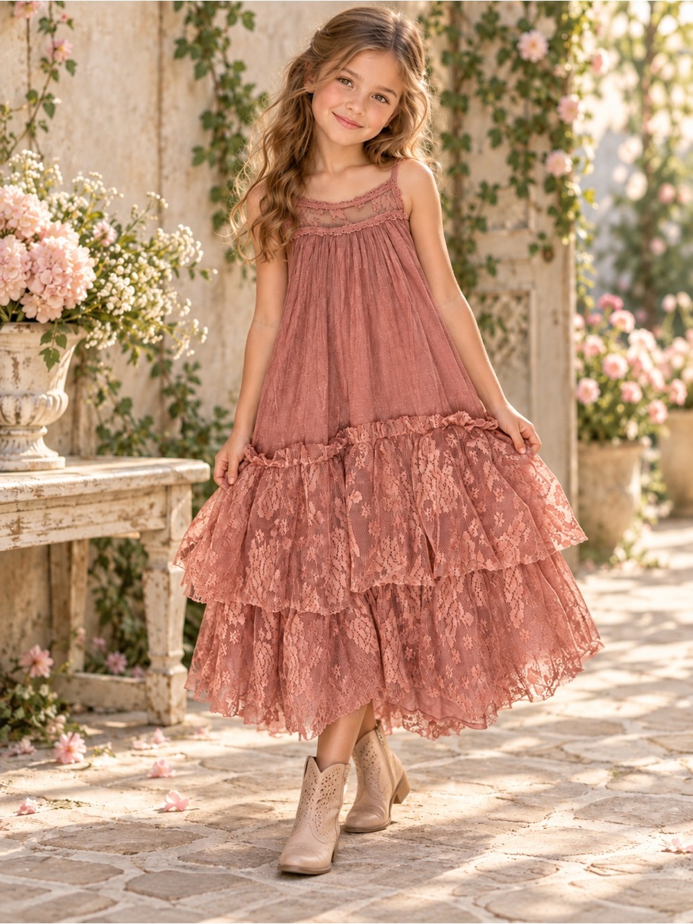 Joyfolie Catrina Dress Girls 8 Dusty Rose Lace Ruffle Hi-Low NWT